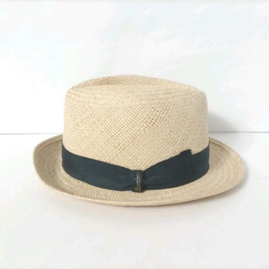 Borsalino(ボルサリーノ)のBorsalino(ボルサリーノ) ハット 58 美品  - ベージュ×ダークグリーン ストローハット/リボン 天然草（本パナマ）×アセテート×コットン レディースの帽子(ハット)の商品写真