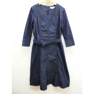 【春夏物 新入荷】‡HANAE MORI ALMA EN ROSE/ハナエモリ アルマ・アン・ローズ‡デニム調キーネックワンピース/ベルト付き/七分袖 インディゴ レディース 38 【中古】春夏 onepi 814042(その他)