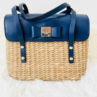 ケイトスペードニューヨーク(kate spade new york)のケイトスペード　かごバッグ ネイビー レザー リボン 2WAY  ハンドバッグ(かごバッグ/ストローバッグ)