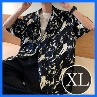 【sns人気☆】総柄　シャツ　メンズ　ストリート　オーバーサイズ　ＸＬ　柄　黒　(シャツ)