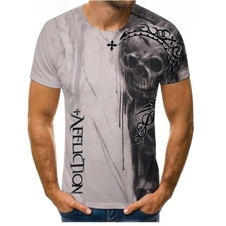 【人気商品】メンズ　Tシャツ　グレー　L　3D　プリント　骸骨　丸首(Tシャツ/カットソー(半袖/袖なし))