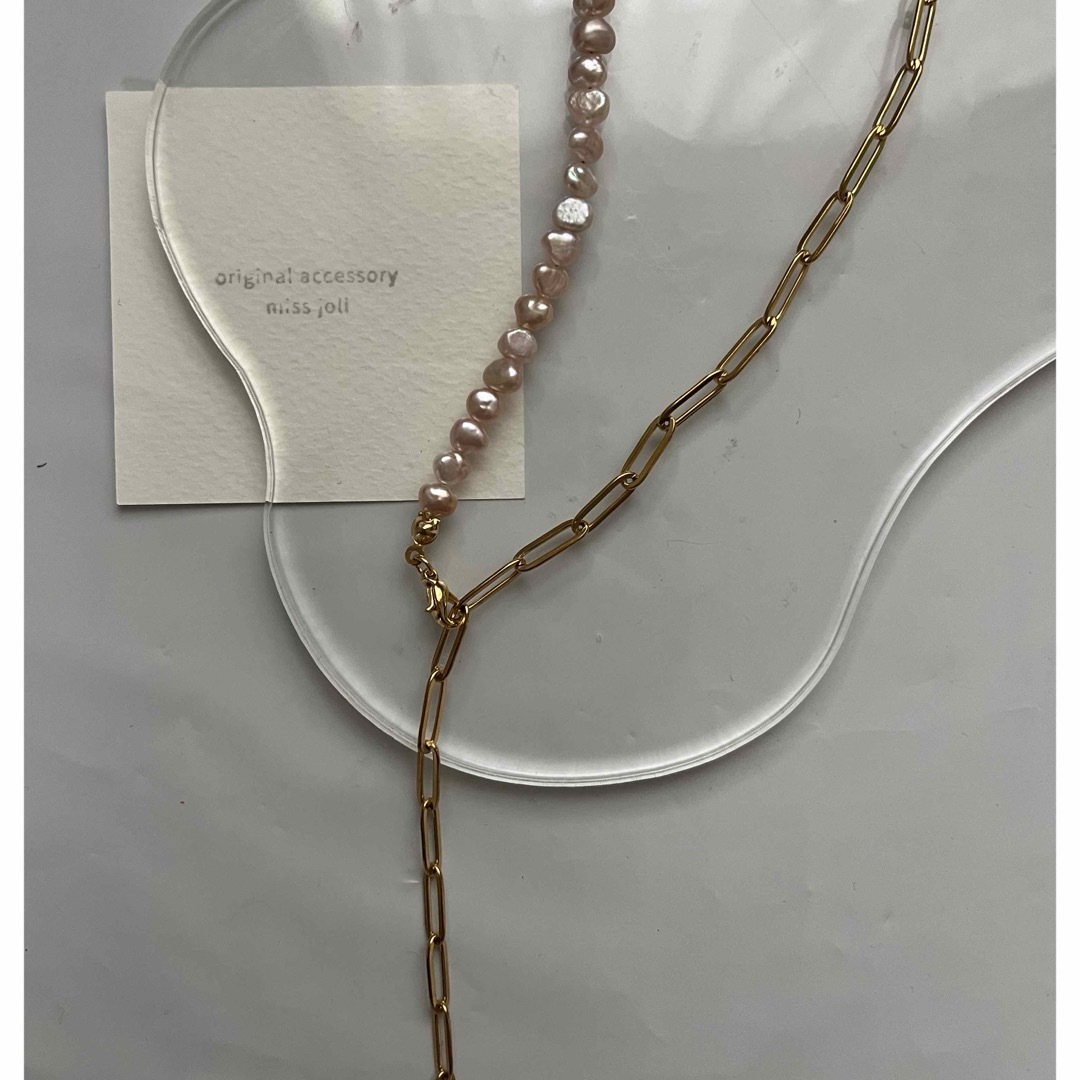 〝 way 〟pink pearl × gold chain necklace ハンドメイドのアクセサリー(ネックレス)の商品写真