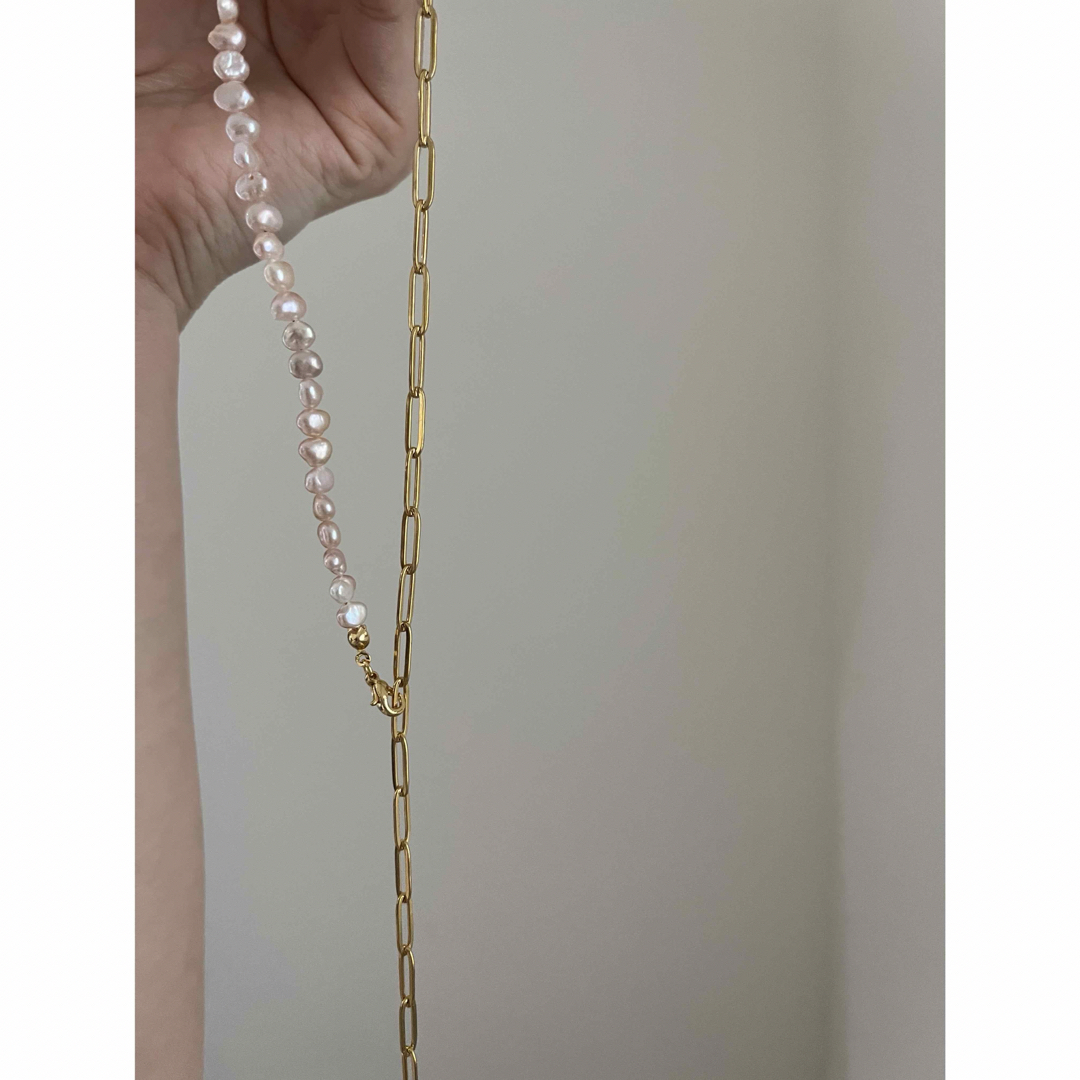 〝 way 〟pink pearl × gold chain necklace ハンドメイドのアクセサリー(ネックレス)の商品写真