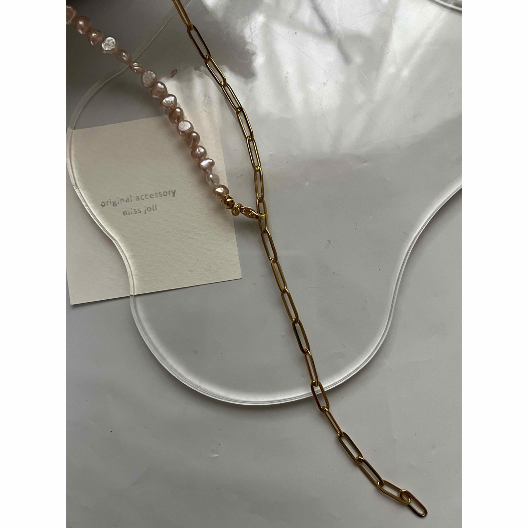 〝 way 〟pink pearl × gold chain necklace ハンドメイドのアクセサリー(ネックレス)の商品写真