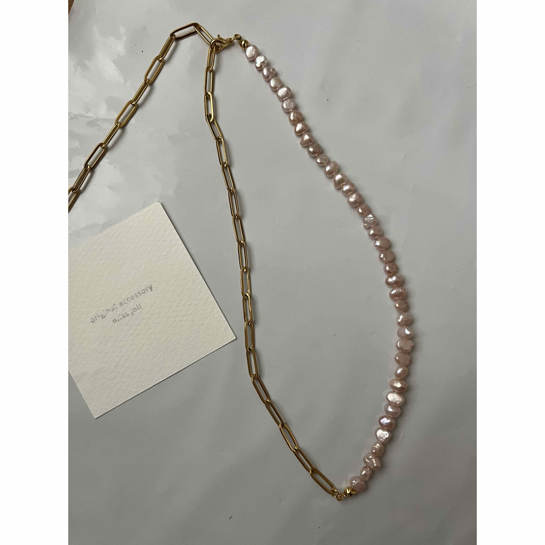 〝 way 〟pink pearl × gold chain necklace ハンドメイドのアクセサリー(ネックレス)の商品写真