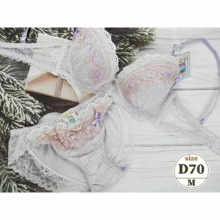 004★D70 M★ブラショーツセット Wパッド アイレット リボン 紫(ブラ&ショーツセット)