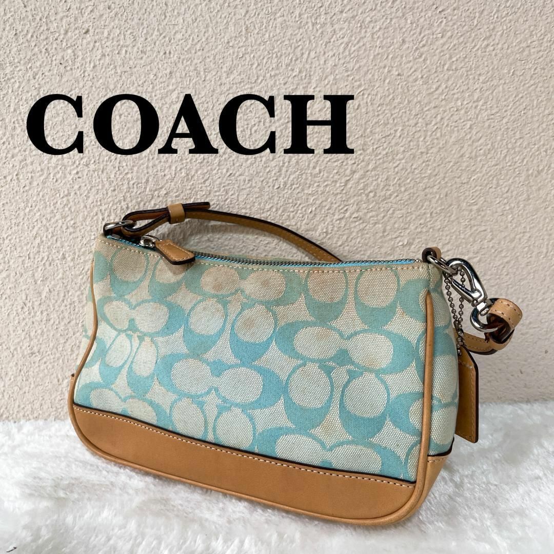 COACH(コーチ)のレア✨COACH コーチハンドバッグトートバッグライトブルー青白シグネチャー総柄 レディースのバッグ(トートバッグ)の商品写真