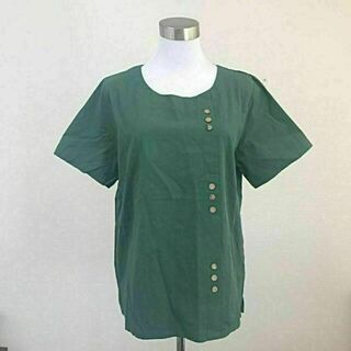 半袖 コットンカットソー レディース グリーン 緑 ボタンデザインTシャツ(Tシャツ(半袖/袖なし))