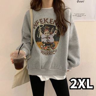 オーバーサイズ 2XL グレー 長袖 秋 冬 トレーナー ストリート 重ね着風(トレーナー/スウェット)