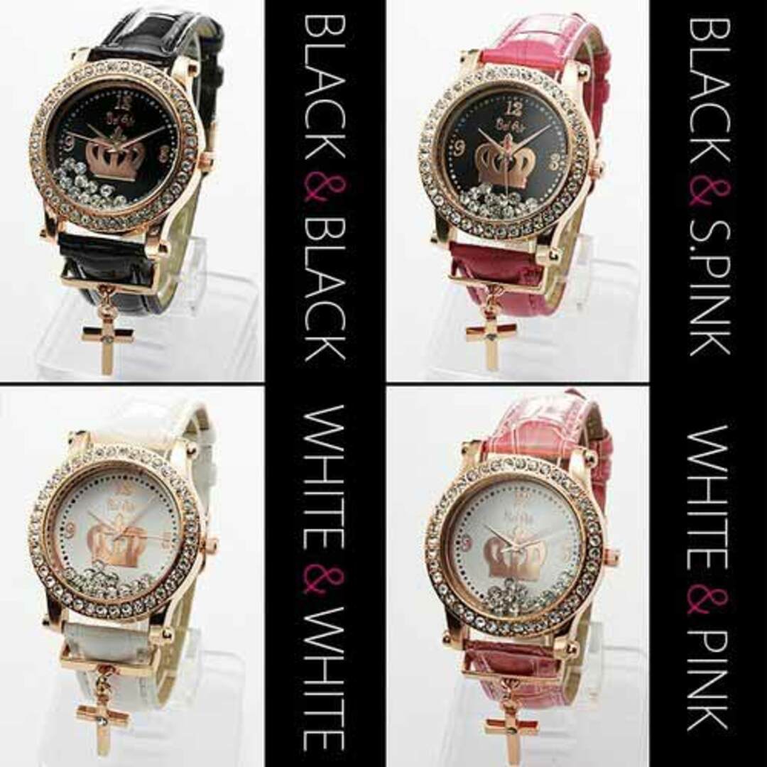 腕時計 レディース クロスチャーム付 ウォッチ ブラック＆ショッキングピンク レディースのファッション小物(腕時計)の商品写真
