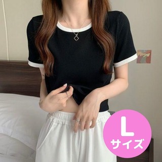 人気！レディースTシャツ ブラック L　半袖　Tシャツ　リンガー　韓国(Tシャツ(半袖/袖なし))