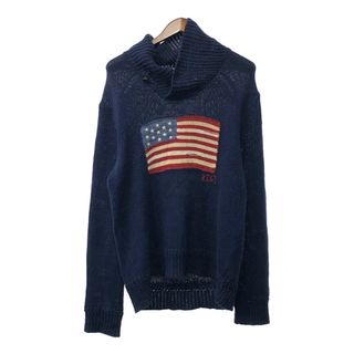 ポロラルフローレン(POLO RALPH LAUREN)の90年代 Polo by Ralph Lauren ラルフローレン 星条旗 リネン コットン シルク ニット ショールカラーセーター (メンズ M) 中古 古着 Q4038(ニット/セーター)