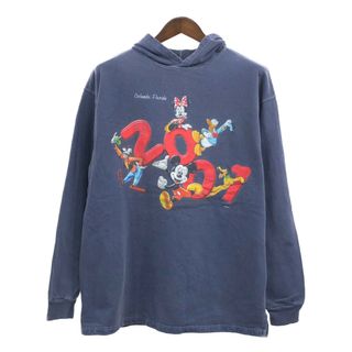 ディズニー(Disney)の2000年代～ USA製 Disney ディズニー ミッキーマウス 2001 スウェット パーカー キャラクター ネイビー (メンズ L/XL) 中古 古着 Q4058(パーカー)