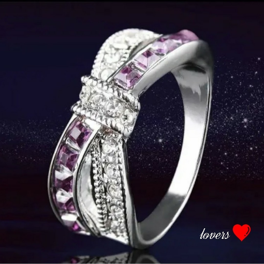 送料無料18号クロムシルバーアメジストスーパーCZダイヤデザイナーズリング指輪 レディースのアクセサリー(リング(指輪))の商品写真