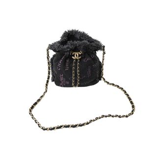 シャネル(CHANEL)の極美品 CHANEL シャネル 巾着ミニ チェーンショルダーバッグ ランダム デニム ブラックパープル ゴールド金具 中古 62698(ショルダーバッグ)