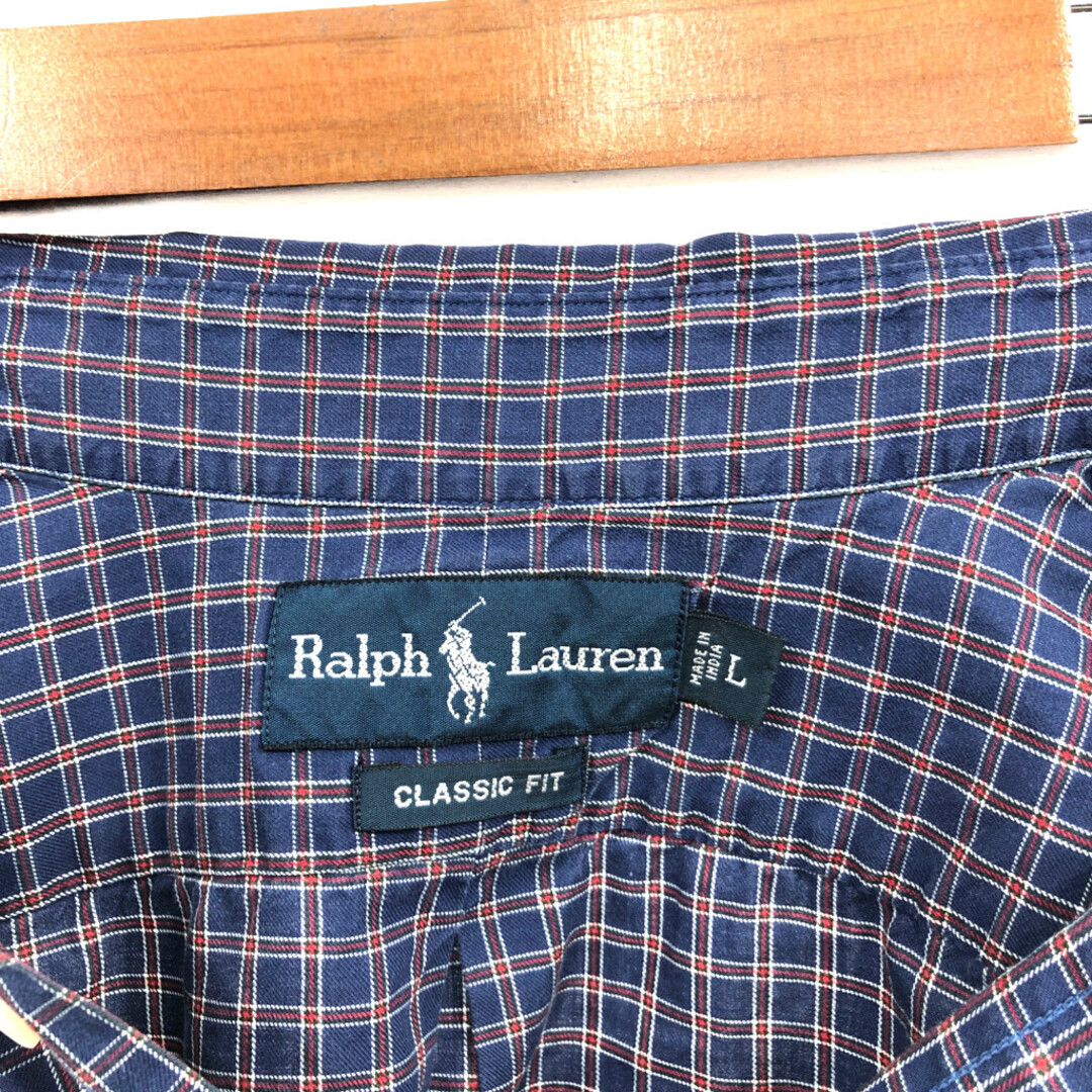 RALPH LAUREN ラルフローレン ボタンダウン 長袖シャツ ワンポイントロゴ チェック ブルー (メンズ L) 中古 古着 Q4126 メンズのトップス(シャツ)の商品写真