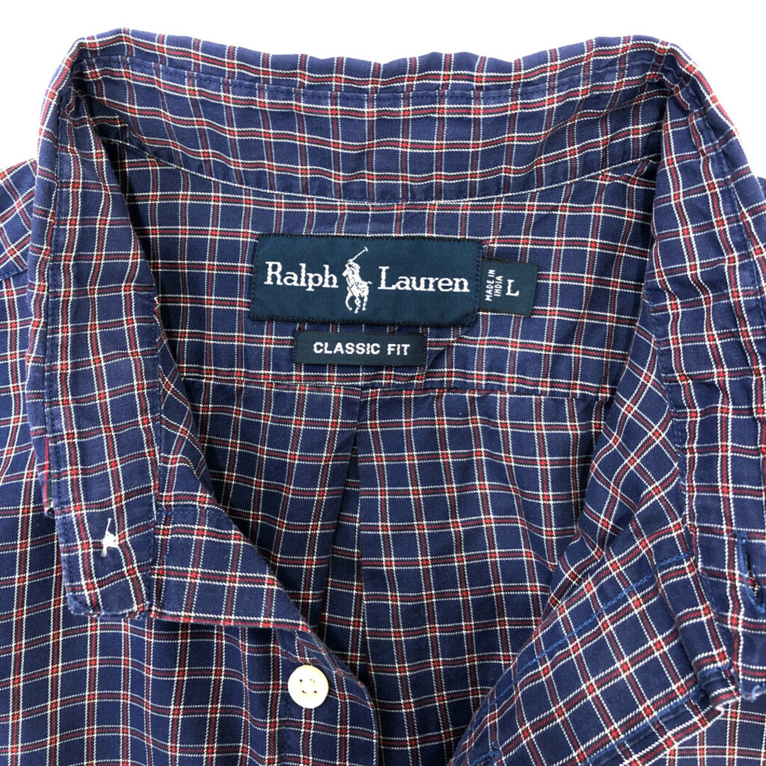 RALPH LAUREN ラルフローレン ボタンダウン 長袖シャツ ワンポイントロゴ チェック ブルー (メンズ L) 中古 古着 Q4126 メンズのトップス(シャツ)の商品写真