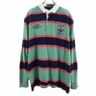 ポロバイラルフローレン ボーダー 長袖 ラガーシャツ XXL グリーン系 Polo by Ralph Lauren ビッグサイズ メンズ 古着 【240423】(ポロシャツ)