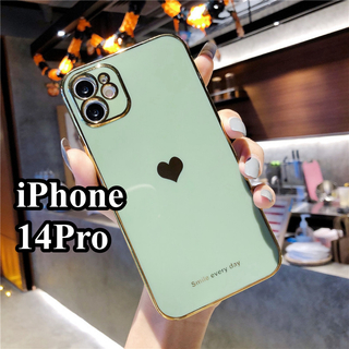 iPhone14Proケース　モスグリーン　ハート　シンプル　可愛い　韓国