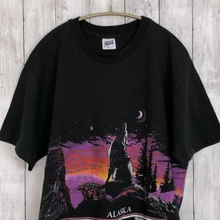 ビンテージANVIL　90Ｓ　シングルステッチ　アニマルプリント　黒ブラック古着(Tシャツ/カットソー(半袖/袖なし))