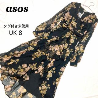 エイソス(asos)のエイソスasos★大人上品 花柄 シフォン ロングワンピース 長袖 タグ付未使用(ロングワンピース/マキシワンピース)