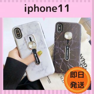 iPhoneケース 大理石 マーブル スマホリング フィンガーベルト 落下防止黒(iPhoneケース)