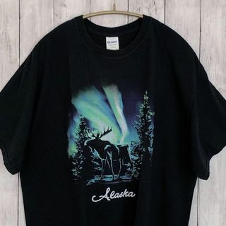 アニマルプリントＴシャツ　鹿　黒ブラック　半袖Tシャツ　アラスカ　メンズ　古着(Tシャツ/カットソー(半袖/袖なし))