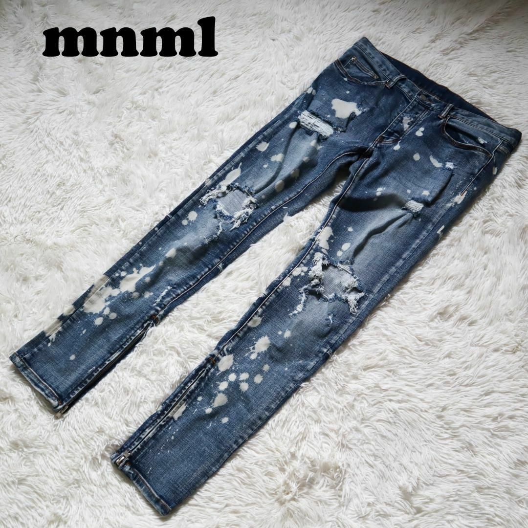 mnml(ミニマル)のmnml ミニマル ブリーチクラッシュスキニーデニムパンツ ダメージ加工 W34 メンズのパンツ(デニム/ジーンズ)の商品写真