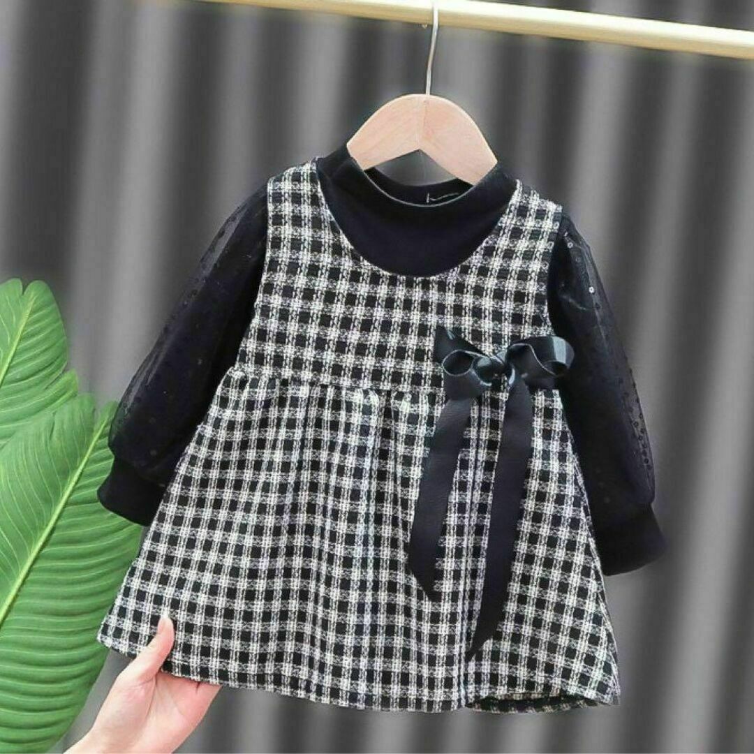 100 黒　長袖　セットアップ　ワンピース　チェック キッズ/ベビー/マタニティのキッズ服女の子用(90cm~)(ワンピース)の商品写真