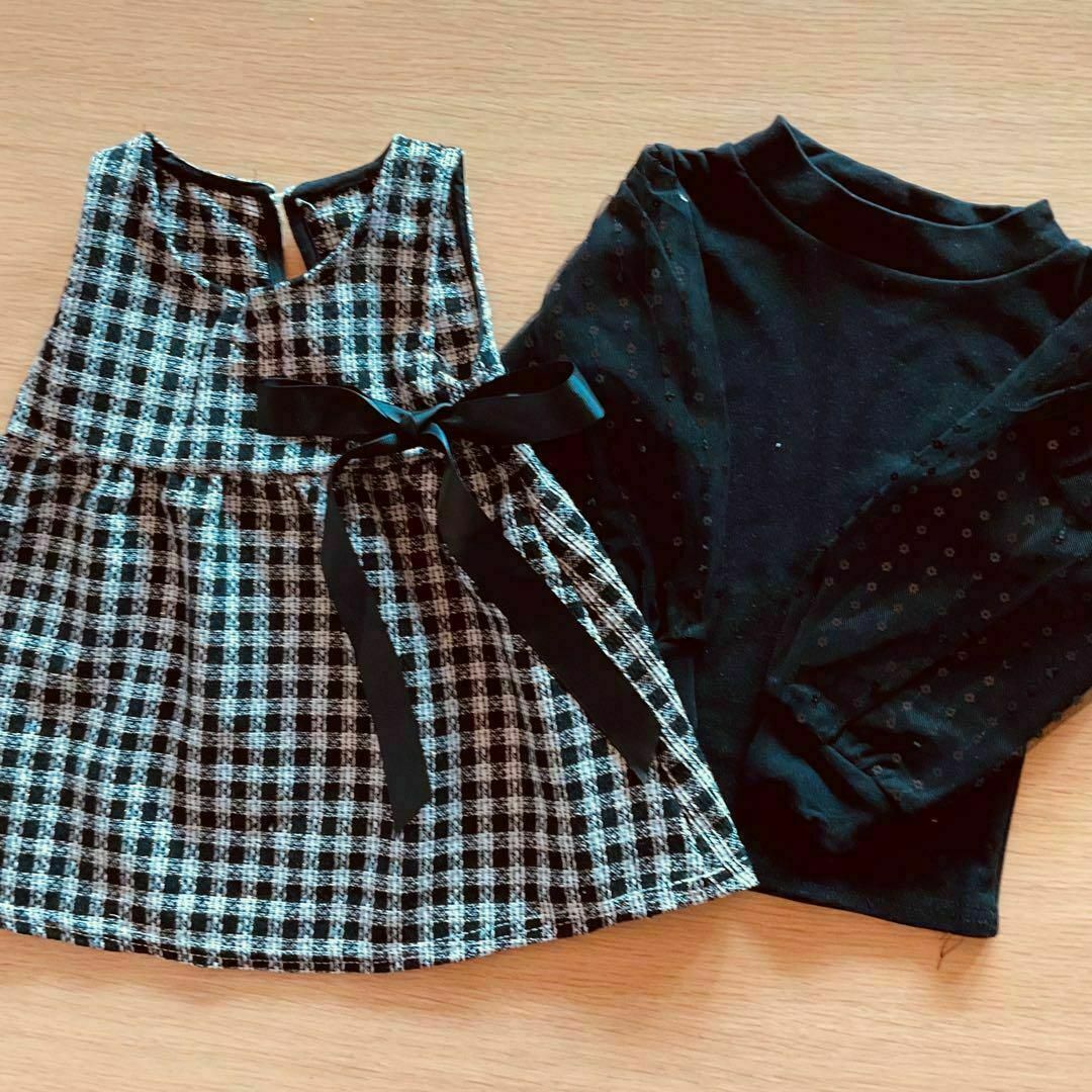 100 黒　長袖　セットアップ　ワンピース　チェック キッズ/ベビー/マタニティのキッズ服女の子用(90cm~)(ワンピース)の商品写真