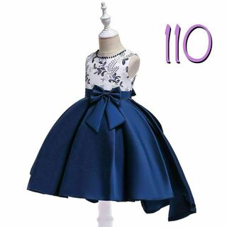 110 ワンピース　キッズドレス　青　紺　ブルー　ネイビー　刺繍　リボン　パール(ドレス/フォーマル)