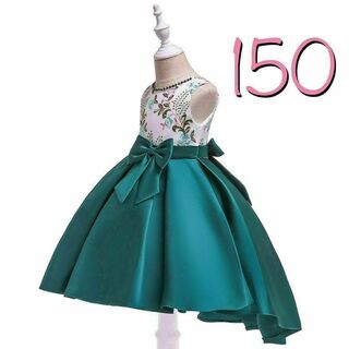 150 ワンピース　キッズドレス　緑　グリーン　刺繍　リボン　パール(ドレス/フォーマル)