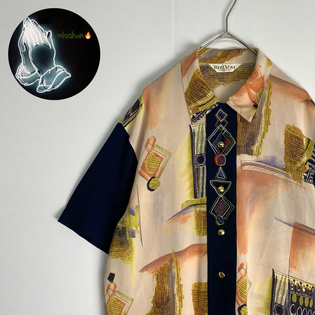 半袖シャツ　刺しゅうデザイン　透け感　アート　サーモンピンク　ネイビー メンズのトップス(シャツ)の商品写真