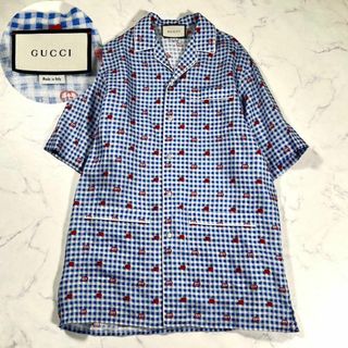 グッチ(Gucci)の【極美品】GUCCI　インターロッキング　チェック　リネンオープンカラーシャツ(Tシャツ/カットソー(半袖/袖なし))