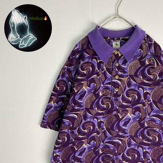 半袖ポロシャツ　ハーフボタン　総柄　紫(ポロシャツ)