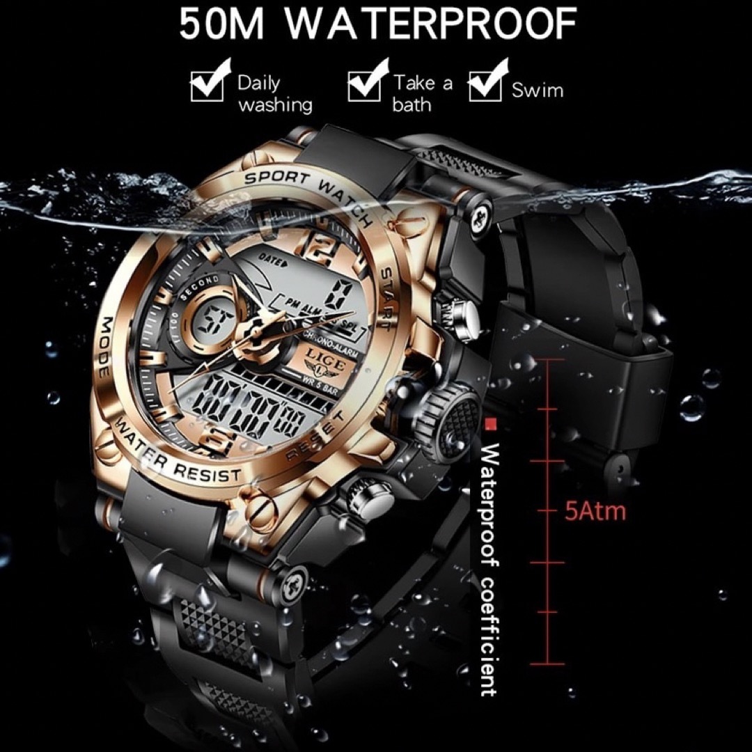 新品 LIGE スポーツデュアルウォッチ 50m防水メンズ腕時計 ローズゴールド メンズの時計(腕時計(アナログ))の商品写真