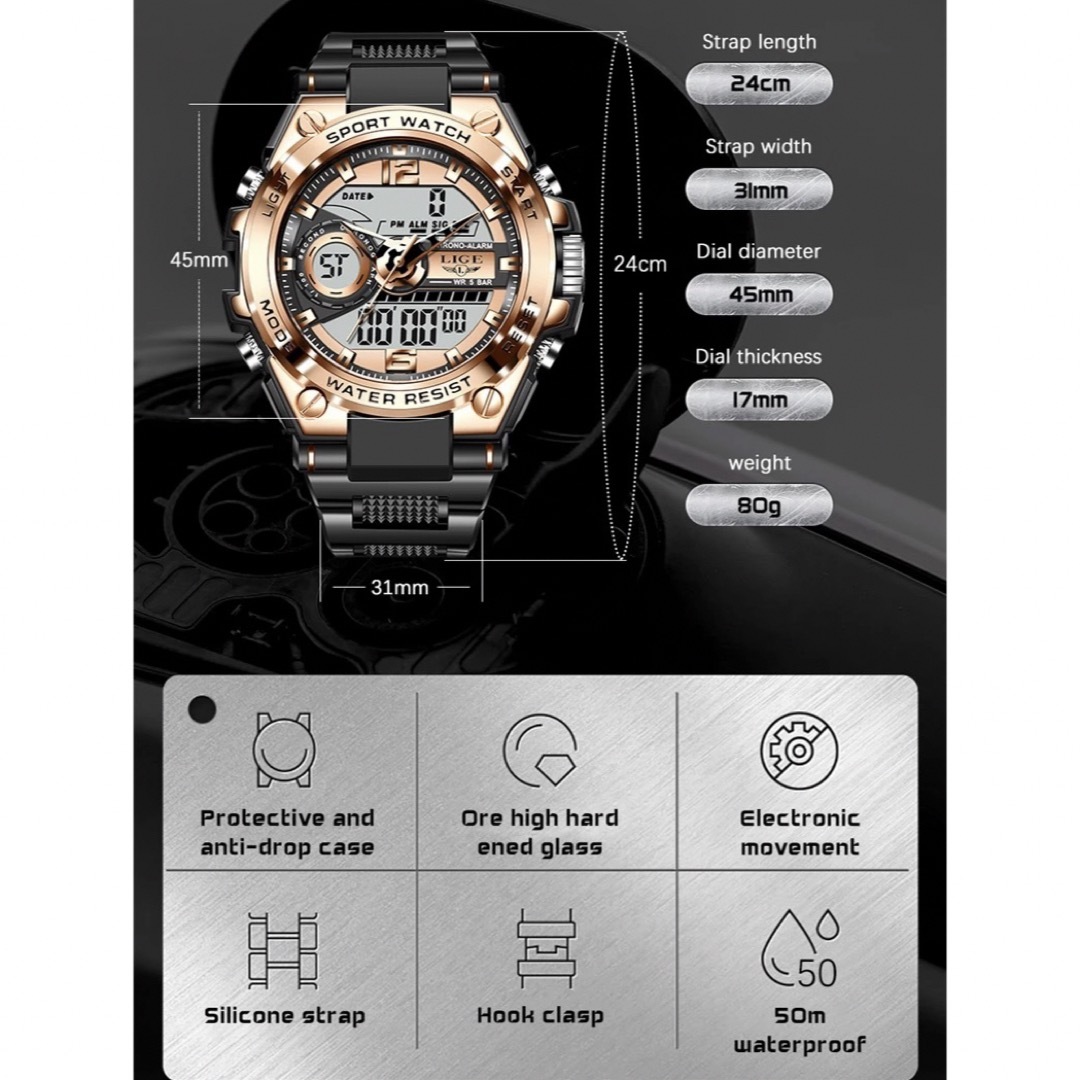 新品 LIGE スポーツデュアルウォッチ 50m防水メンズ腕時計 ローズゴールド メンズの時計(腕時計(アナログ))の商品写真