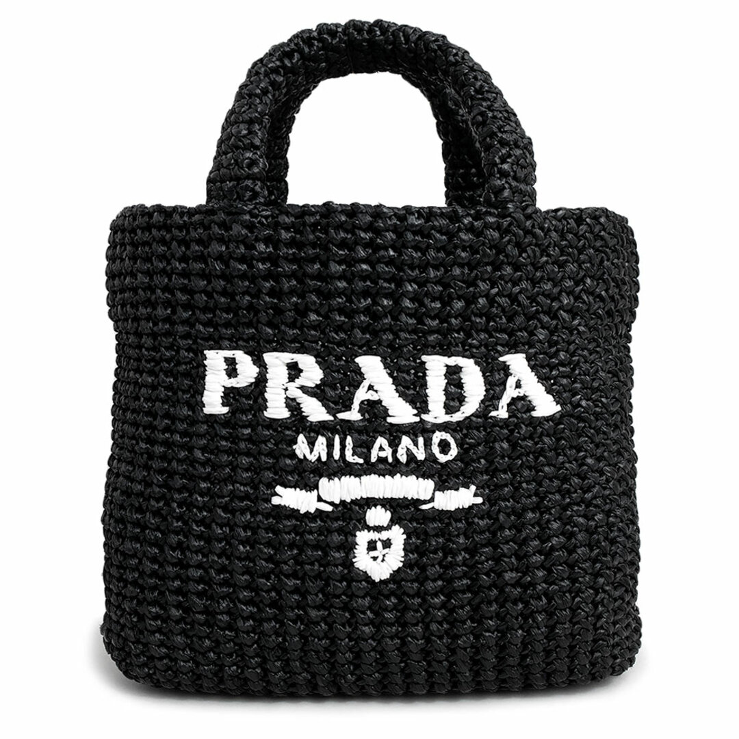 PRADA(プラダ)のプラダ スモール クロシェ トート ハンドバッグ トライアングルロゴ ラフィア ブラック ホワイト 黒 白 シルバー金具 1BG422 箱付 PRADA（新品・未使用品） レディースのバッグ(ハンドバッグ)の商品写真