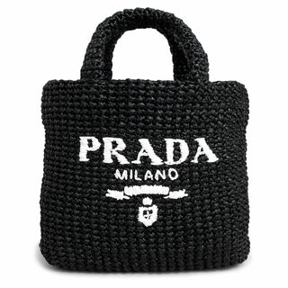 プラダ(PRADA)のプラダ スモール クロシェ トート ハンドバッグ トライアングルロゴ ラフィア ブラック ホワイト 黒 白 シルバー金具 1BG422 箱付 PRADA（新品・未使用品）(ハンドバッグ)