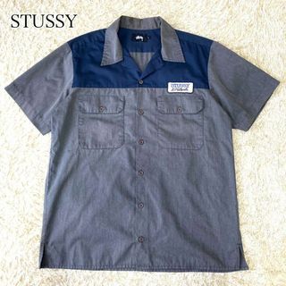 STUSSY - STUSSY刺繍 ワッペン ワークシャツ 半袖 胸ポケット グレー ネイビー