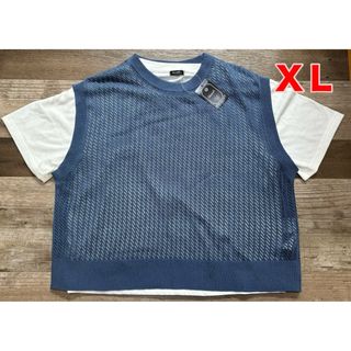 新品　メッシュ　ニット　ベスト　涼しい　Tシャツ　2点セット　ブルー　ＸＬ(ベスト/ジレ)