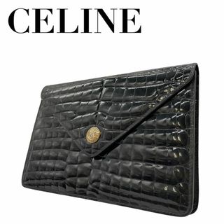 セリーヌ(celine)の美品　CELINE 　セリーヌ　J クロコ型押し　クラッチバッグ　トリオンフ　黒(クラッチバッグ)