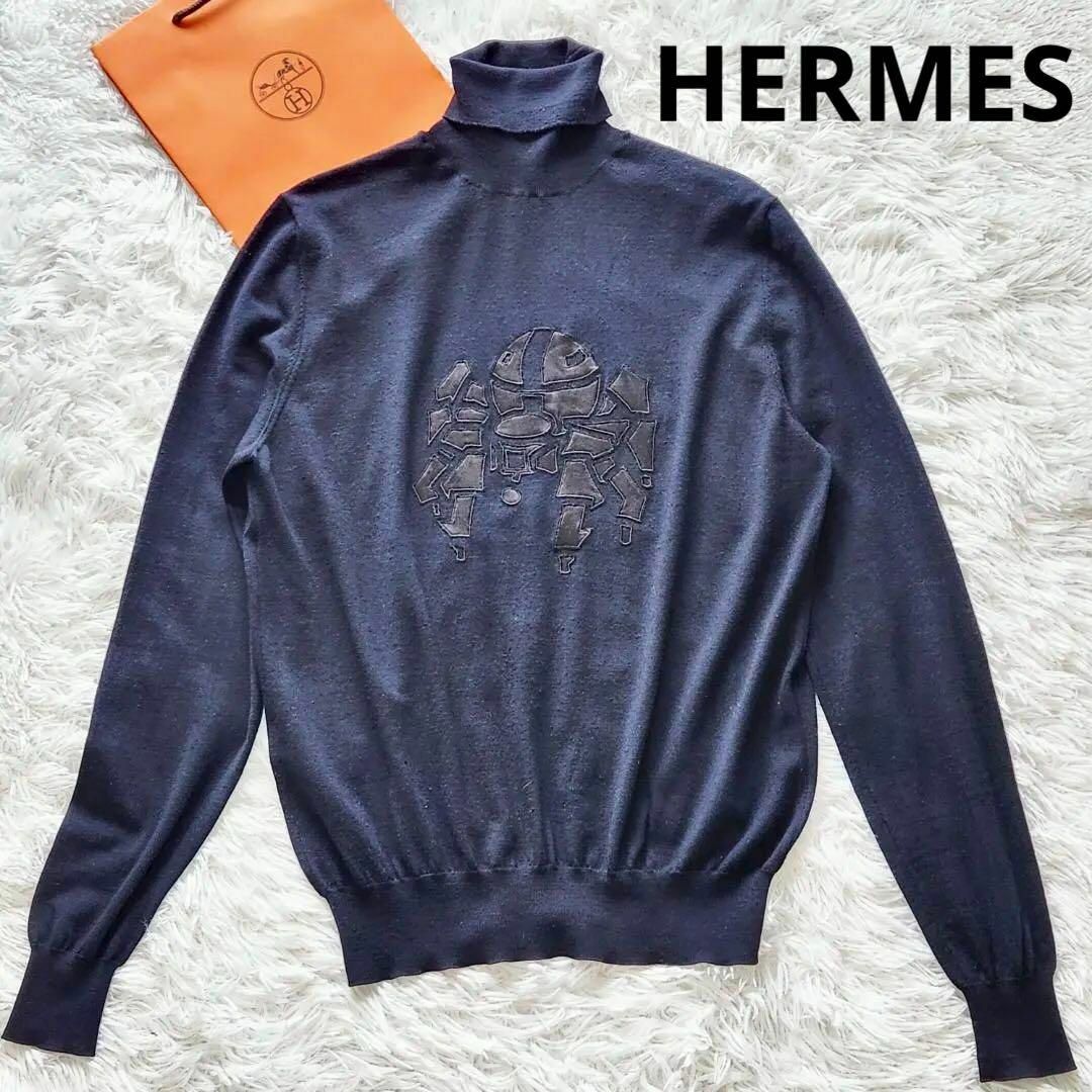 Hermes(エルメス)の美品 希少 エルメス ロボットパッチ ニット メンズS タートルネック 紺色 メンズのトップス(ニット/セーター)の商品写真