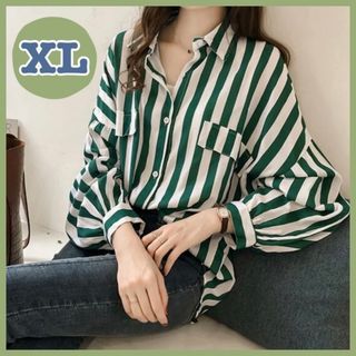 ♡数量限定♡シャツ XL ストライプ トップス レディース グリーン 長袖 薄手(シャツ/ブラウス(長袖/七分))