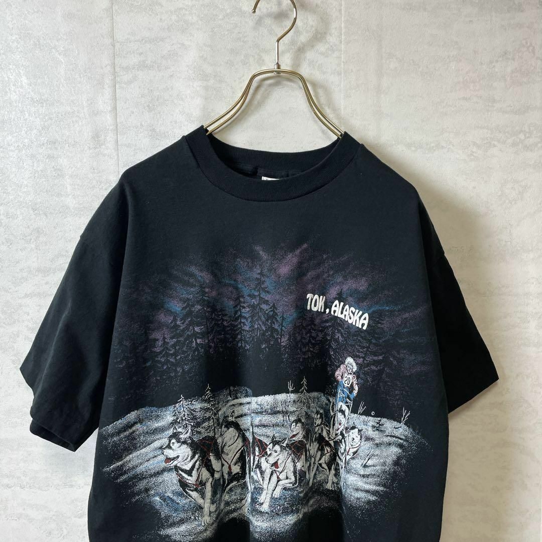 ビンテージシングルステッチ　アニマル　ハスキー犬　黒ブラックメンズ古着　両面ロゴ メンズのトップス(Tシャツ/カットソー(半袖/袖なし))の商品写真