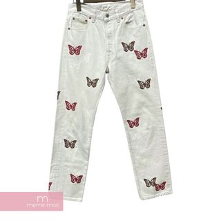 ABOUT DREAMS Butterfly Jeans アバウトドリームズ バタフライジーンズ デニムパンツ バタフライプリント 蝶 総柄 リメイク 加工 ボタンフライ リーバイスボディ ホワイト サイズ32【231217】【中古-A】【me04】(スラックス/スーツパンツ)