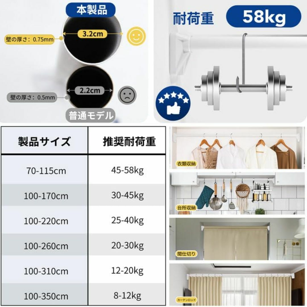 Deconovo 突っ張り棒 ツッパリ棒 つっぱり棒 突っ張り式カーテンレール  インテリア/住まい/日用品の収納家具(押し入れ収納/ハンガー)の商品写真