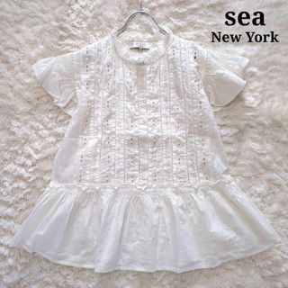 シーニューヨーク(Sea New York)の美品⭐︎シーニューヨーク　フリルブラウス　チュニック　レース　インド製　白　M(シャツ/ブラウス(半袖/袖なし))