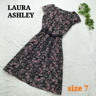 LAURA ASHLEY - LAURA ASHLEY 小花柄ワンピース ひざ丈 Aライン ブラック 7号