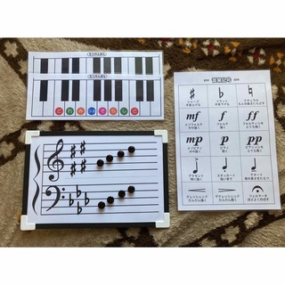 マグネット式五線譜ボード（黒）、音楽記号表、ミニ鍵盤2枚セット(知育玩具)